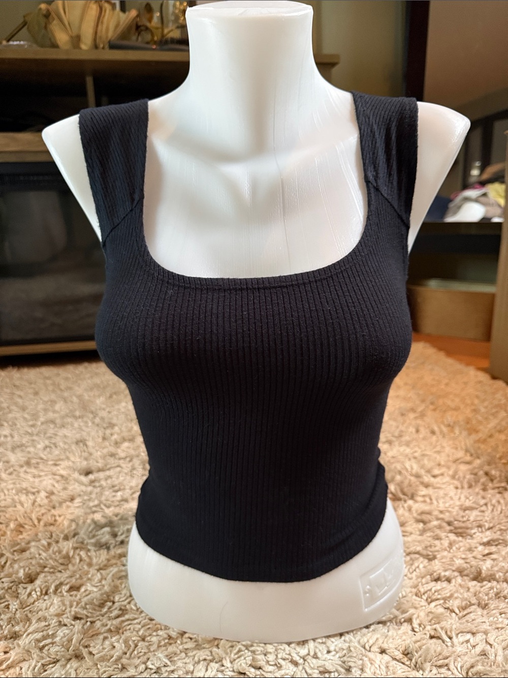 BDG Ribbed Square Neck Tank Top - Black